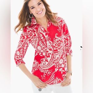 CHICOS  97% cotton Women Floral Paisley Shirt with3/4 sleeve bottom front Size1!